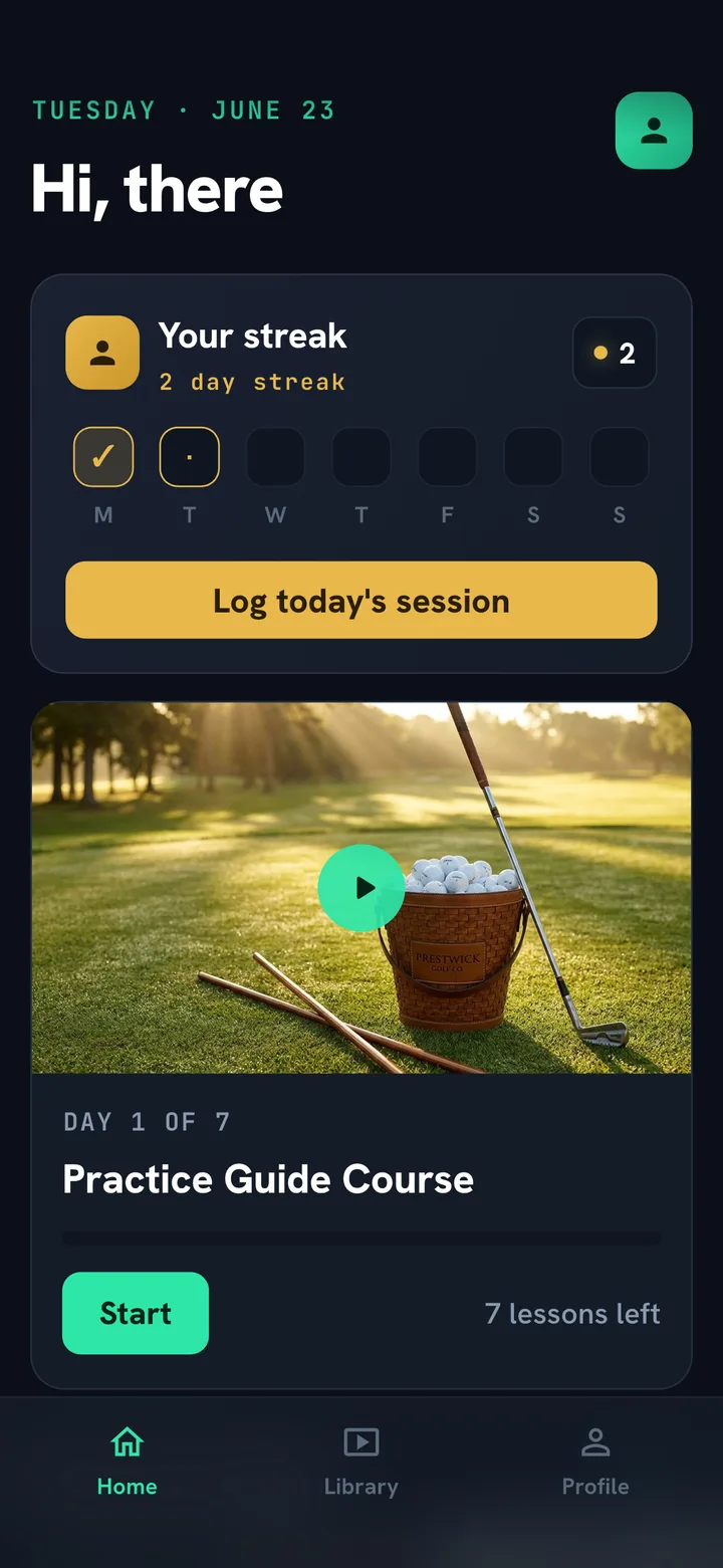 The Swing School app home screen, showing a practice streak and the current program