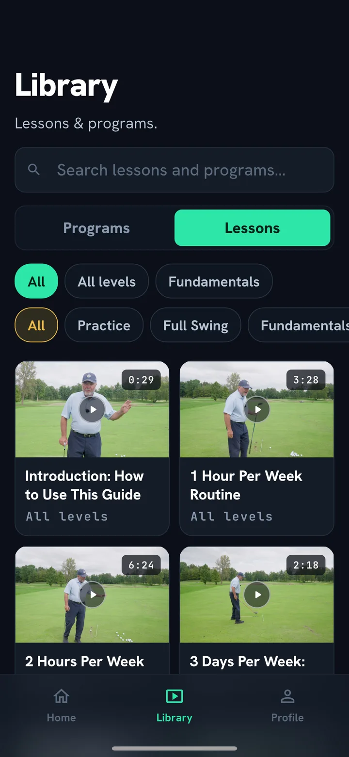The searchable lesson and program library in the Swing School app
